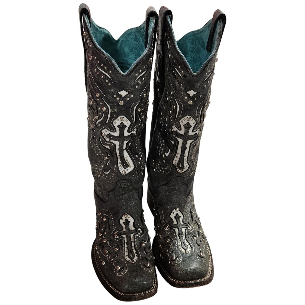 Corral Vintage Cross Square Toe Cowboy Western Boots 6.5M Cross Studded Bling - Picture 2 of 16